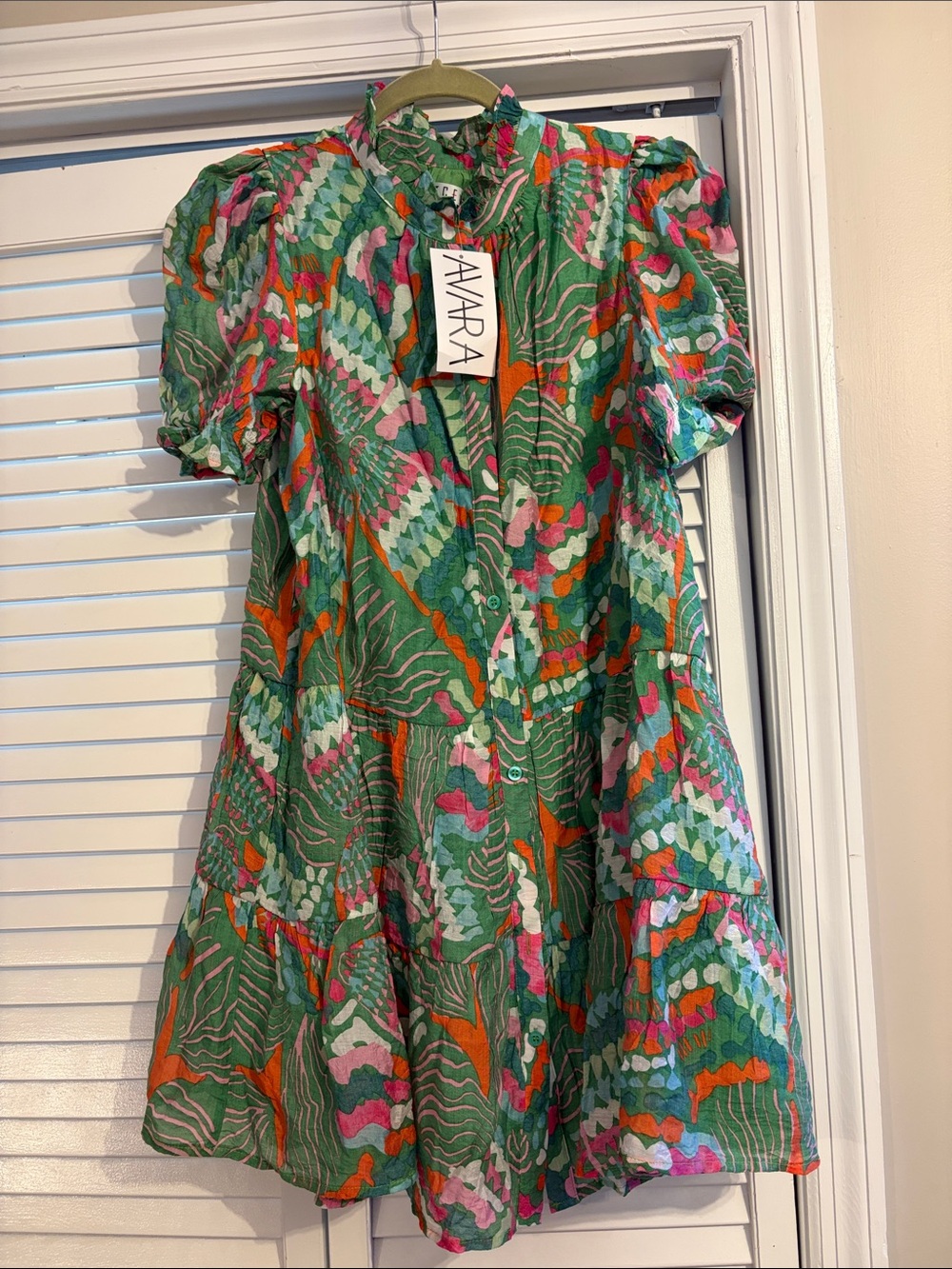 TCEC Green Multi-Color Printed Puff-Sleeve Dress